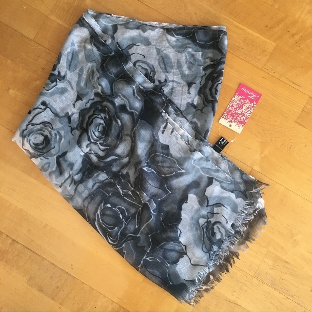 Torino Floral Semi-Sheer Scarf, Eyelash Trim, Green, Black, NWT